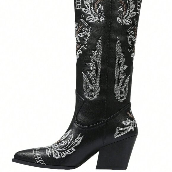 Black Western Women's Cowgirl Boots Pointed Toe Embroidered Thick Heels Knee Hig - Picture 7 of 7